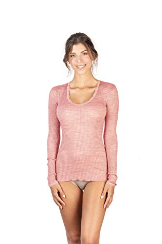 EGI ® Exclusive Collections Women's Merino Wool Blend Lace-Trimmed Long Sleeves T-Shirt. Proudly Made in Italy. (L/XL, Rosa Antique (Antique Pink))