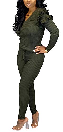 Women Summer 2 Piece Sweater Sets V Neck Ruffle Top Stretchy High Waist Bodycon Sweatpants