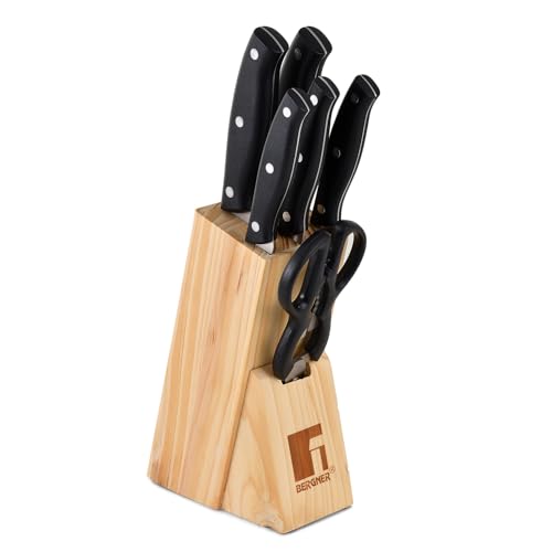 Image of Bergner Dusseldorf 7 Pcs Stainless Steel Knife Set - Chef Knife, Slicing Knife, Tomato Knife, Utility Knife, Paring Knife, Scissors and Wooden Block, Durable, for Kitchen and Restaurants - Black