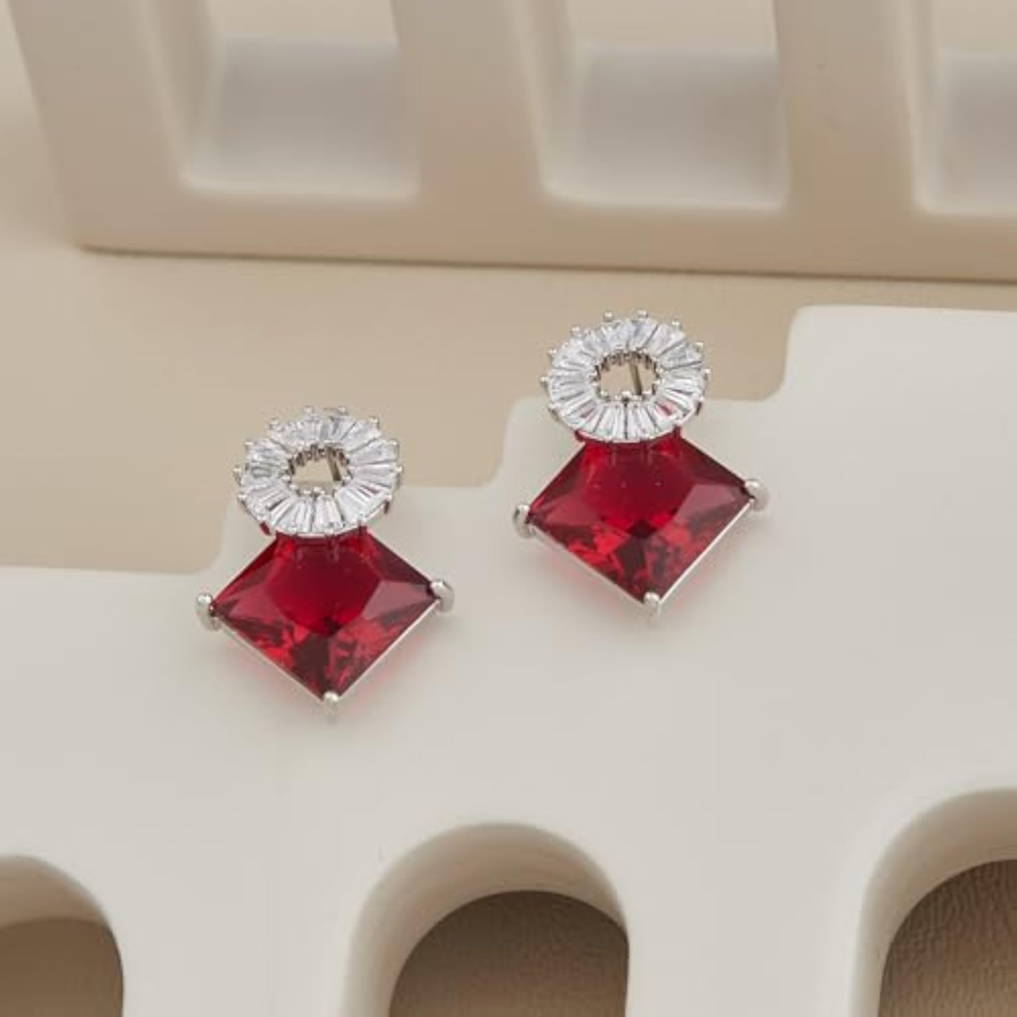 Women's Geometric Red Stone Stud Earrings