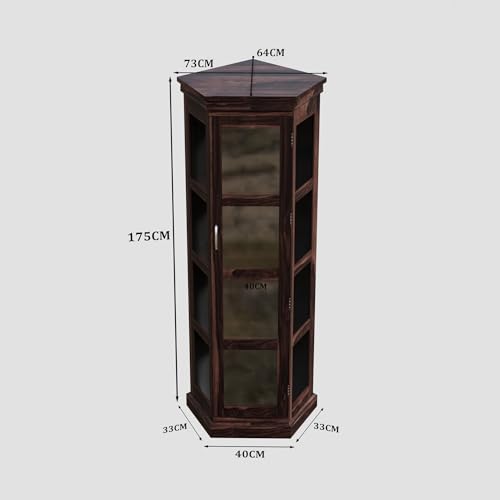 Image of Krishna Wood Decor Solid Sheesham Wood Corner Cabinet with Four Shelves | Tall Display Unit Storage with Acrylic Glass Door for Living Room & Office | Wooden Bookcase /Corner Showcase | Walnut Finish