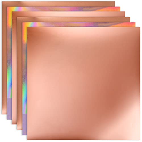 Rose Gold Vinyl Permanent Adhesive Sheets [6 Pack, 12 x 11 Inch] Metallic Craft Foil for Cricut, 651 and Oracal [2 x Holographic, Chrome, Matte] Mirrored Effect, Suitable for Outdoor DIY Decals
