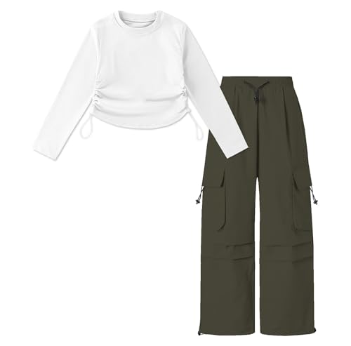 Image of Betusline Girl's 2 Piece Outfits, Cute Girls Fall Clothing Sets Cargo Pants + T-Shirt Top, 4T-14 Years
