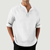 3/4 Length Sleeve Mens Shirts Casual Stylish V Neck Button Up Cotton Linen Henley Shirt Summer Beach Vacation Clothes White