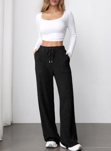 Aleumdr Womens Ribbed Wide Leg Lounge Pants with Pockets Casual Relaxed Comfy Loose Soft Knit Pajama Pants with Drawstring4