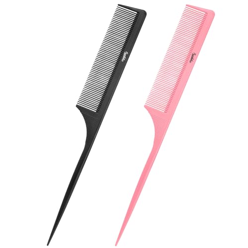 Kunihiko 2Pcs Rat Tail Comb Parting Combs for Women, Fine Tooth Parting Tip Carbon Fiber Root Teasing Anti Static Hair Comb for Styling (Green,Black)