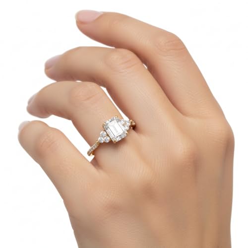 Image of Choose Your Gemstone Emerald Cut Petite Cathedral Diamond CZ Ring Yellow Gold Plated Emerald Shape Petite Engagement Rings for Women, Girls and Ladies US Size 4 to 12