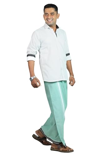 Image of PRAKASAM COTTON Velcro Pocket Dhoti | Thalapathi Border Readymade Cotton Kerala Mundu for Men
