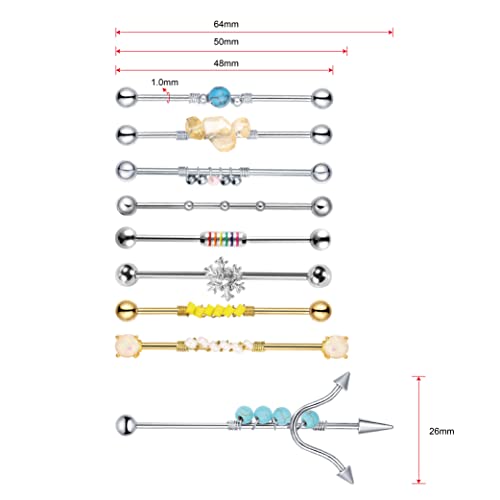 Wasolie 14G 9Pcs Women’s Stainless Steel Industrial Barbell Earring Body Piercing Jewelry 36Mm Bar Body Rings #TOP1