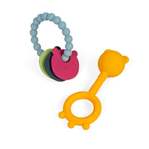 Set Anneau de Dentition Ours Bigjigs Toys - 2 pcs jouet de dentition & hochet bébé, 100% silicone, cadeau écologique pour nouveau-né, dès la naissance
