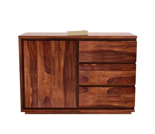 Image of Solid Sheesham Wood Natural Finish 3 Drawer & 1 Door Chest Cabinet Storage Organizer Sideboard Console Cupboard Kitchen Buffet Unit Home Furniture for Office Living Bed & Dining Room