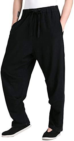 ZooBoo Men's Martial Arts Pants Kung Fu Linen Trousers Tang Suit Pants (XXL, Black)