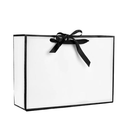 Caja de papel blanco con borde negro, bolsas de compras portátiles, cinta de lazo, suministros para fiestas (XL, 40 x 28 x 12 cm, 50 unidades)