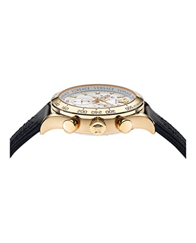 Versace Hellenyium Chrono Collection Luxury Mens Watch Timepieces with a Black Strap Featuring a Gold Case and a Silver Dial2