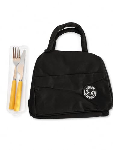 Kit Lancheira Térmica Compacta 29x23cm com Talheres 2 Peças e Estojo, Impermeável, para Trabalho e Escola (preto)