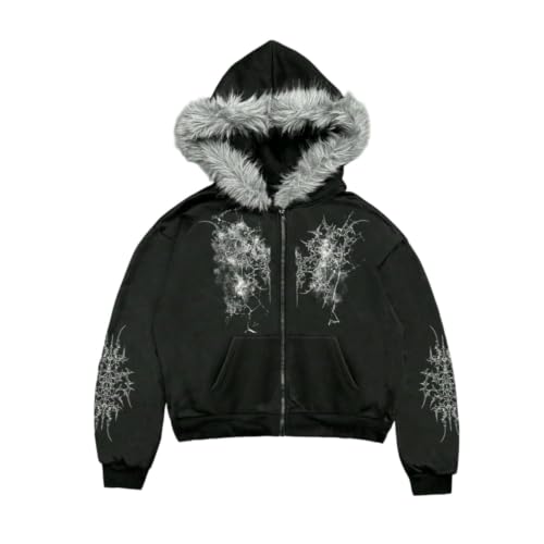 Sweat zippé noir femme capuche fourrure grise confort chaud