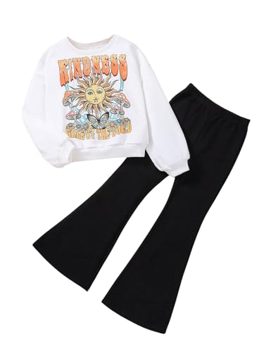 Image of SweatyRocks Girl's 2 Piece Outfits Letter Graphic Long Sleeve Pullover Sweatshirt and Flare Pants Set