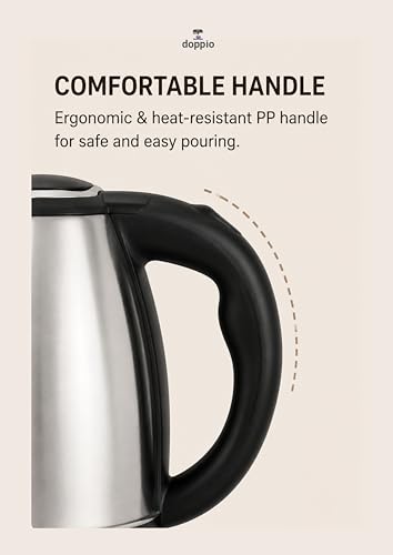 Image of Doppio 2L Stainless Steel Electric Kettle for Tea & Coffee | Fast Boiling Multipurpose Hot Water Kettle with Auto Shut-Off & Boil Dry Protection | 360 Swivel Base | Black & Silver