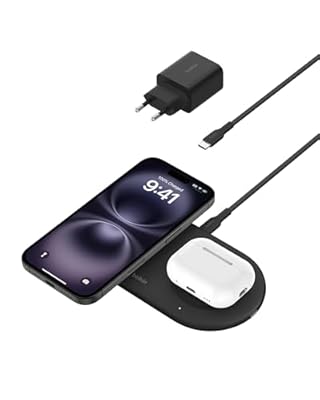 Belkin BoostCharge Pro Cargador Inalámbrico 2 en 1 con tecnología Magnética Qi2 15W Estacion de Carga Rápida Inalámbrica Compatible con Magsafe para iPhone 17 iPhone Air Pixelsnap AirPods - Negro