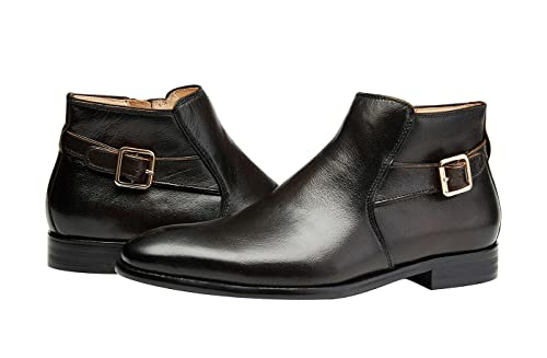 Image of Santimon Mens Ankle Boots Leather Strap Buckle Boots Side Zip Brown Business Dress Casual Boots For Men