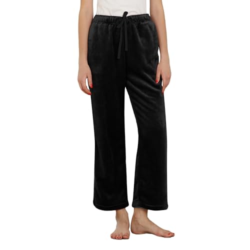 LYCY Womens Fleece Pajama Pants, Drawstring Lounge Pjs Plush Bottoms Warm Sleepwear with Pockets Comfy Winter (BLACK, M)