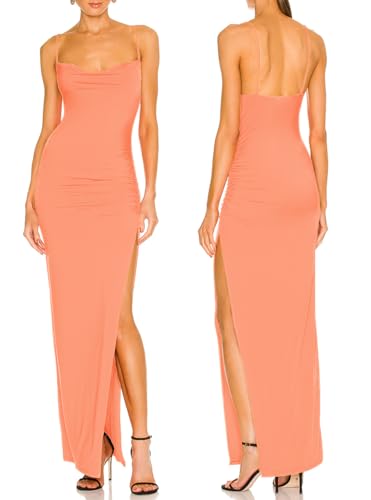Image of Aigeman Women Spaghetti Straps Cowl Neck Maxi Dress Bodycon Formal Dresses Ruched High Slit Cocktail Party Dress 60