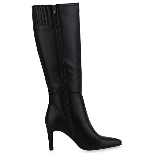VAN HILL Damen Leicht Gefütterte Klassische Stiefel Spitze Schuhe Stiletto Absatzschuhe Basic Freizeit Boots 210014 Schwarz 37