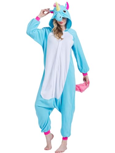 QUERITU Blue Unicorn Adult Onesie Pajamas - Unisex Halloween Animal Cosplay Costume Sleepwear - Comfy One-Piece Suit for Men & Women