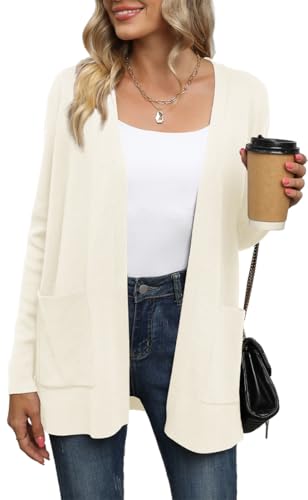 Yommay Chaqueta de punto para mujer, elegante, holgada, informal, ligera, estilo informal para otoño, manga larga, con bolsillos, beige, S