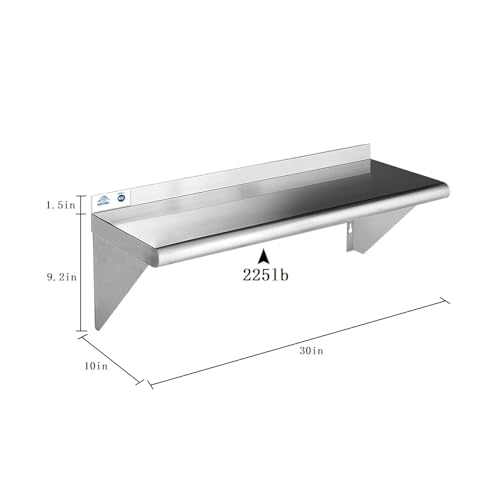 Image of ROCKPOINT Stainless Steel Shelf 10 x 30 Inches 225lb, NSF Metal Commercial Shelves Wall Mount Floating Shelving with Backsplash for Restaurant, Kitchen, Home and Hotel, Silver