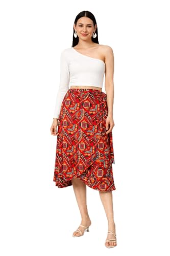 Image of Women's Floral & Animal Print Wrap Skirt - Midi Length A-Line Summer Skirt with Side Tie-Up, Tropical Cheetah Tiger Casual Beach Wear