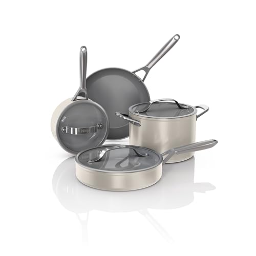 Image of Ninja Ceramic Pro 7-Piece Cookware Set, Non-Stick Pots & Pans Set with Glass Lids, Nontoxic, PTFE Free, Ceramic Coated, Oven Safe, All Stovetops & Induction Compatible, Stone, CW39007ST