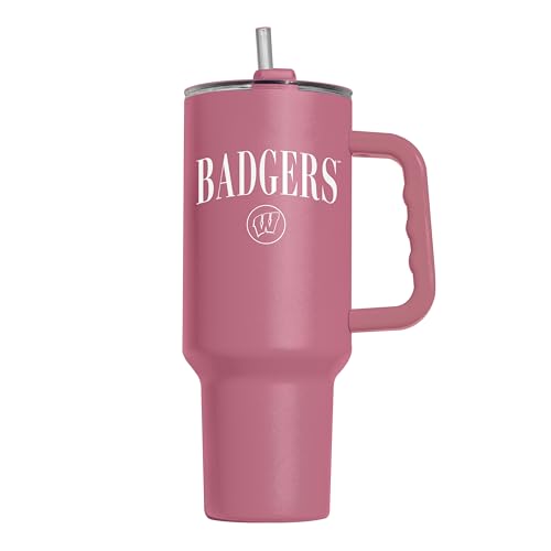 Image of Logo Brands NCAA Wisconsin Badgers Berry 40 oz Tumbler with Handle - Stylish Everyday Use Powder Coated-Stainless Steel with Straw- Keeps Cold For Hours