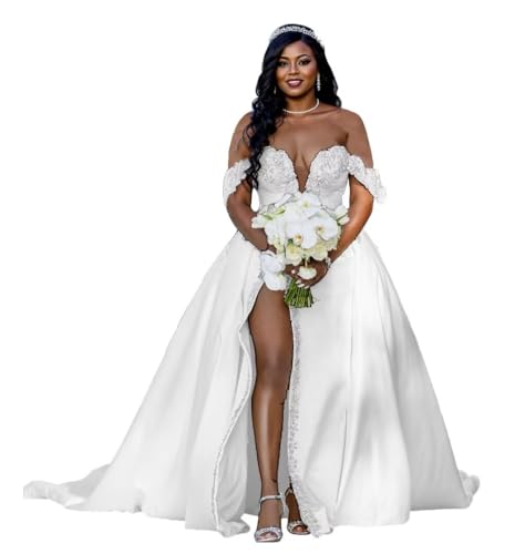 Off Shoulder Sweetheart Wedding Gown Sparkly Beaded Slit Mermaid Bridal Wedding Dress with Detachable Train