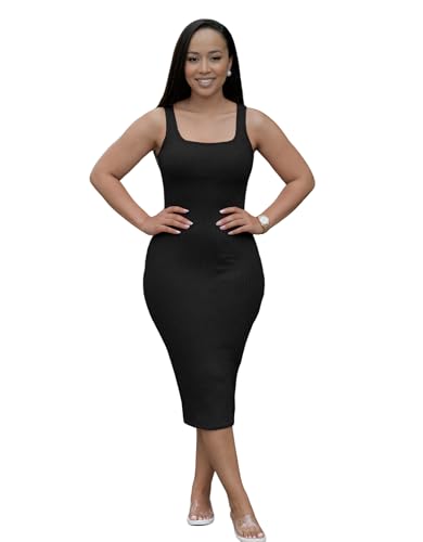 Image of TOPSRANI Women Sexy Midi Dress Bodycon Casual Sleeveless Basic Ruched Tank Summer Club Party Dresses