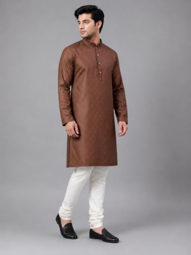 Image of LATEST CHIKAN Men's Silk Chikankari Kurta with Cream Churidar | Festive Set - KP Silk BANARSI