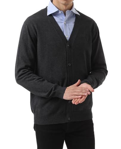 QUALFORT Men's Cardigan 100% Cotton Sweater V-Neck Button Down Knitted Outerwear with Pockets Fashion 2025 Grey X-Large