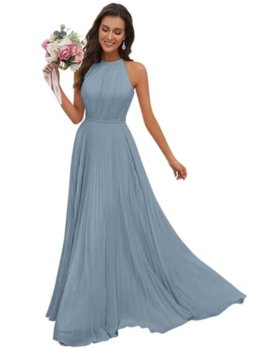 JAEDEN Abendkleid Damen Lang Elegant für Hochzeit Neckholder Brautjungfernkleider Chiffon Festliches Party Kleid Staubiges Blau 40