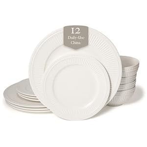 New Bone China 12 Piece Dinnerware Set, Santorini Collection (Bloom), White, Daily Use China, Embossed Tableware Service for 4