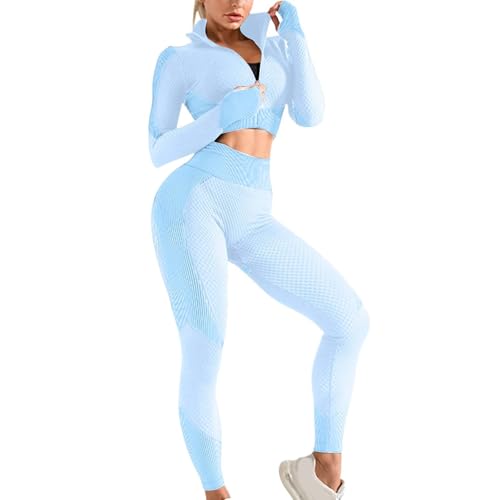 Conjunto genérico de yoga para mujer, color liso, chaqueta de punto corto, con cremallera, holgada, pantalones de correr de cintura alta, conjunto de mujer 2 piezas casuales conjuntos deportivos