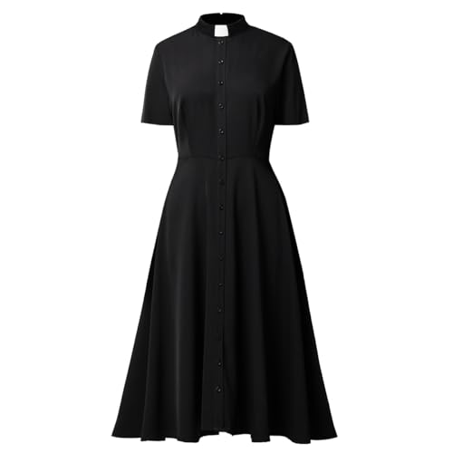 FAD-4U Church Clergy Dress for Women Short Sleeve Rows Buttons A Line Dress with Tab Collar Black