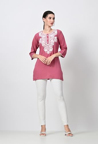 Image of LIBOZA Kurti for Women - Short Chikankari Kurtis for Girls, Lakhnawi Tunic Top Kurta Design for Ladies, Woman Ethnic Kurthis & Shirt with Sleeve