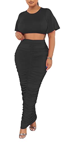 Image of YUEWOO 2 Piece Outfits for Women Sexy Crop Top Ruched Bodycon Maxi Dresses Fringe Skirt Sets Night Club Jumpsuits