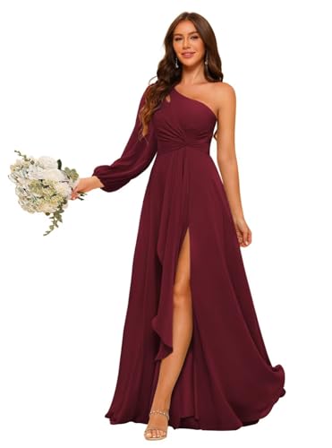 Miao Duo Women's Long Sleeves One Shoulder Bridesmaid Dresses Long Chiffon A Line Formal Dresses with Slit YZTS169