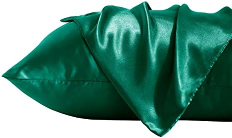 BEDSUM 2 Pack Standard Silk Satin Pillowcases for Hair and Skin, Silky Soft and Luxurious Bedding Pillow Cases with Envelope Closure, 20x26 Inches, Dark Green