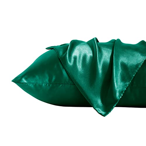 Bedsum 2 Pack Standard Silk Satin Pillowcases For Hair And Skin, Silky Soft And Luxurious Bedding Pillow Cases With Envelope Closure, 20X26 Inches, Dark Green #TOP2