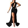 LAGSHIAN Women Sexy Elegant One Shoulder High Split Cutout Long Evening Dress Black