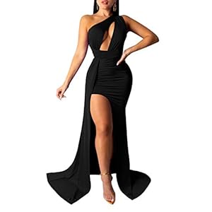 LAGSHIAN-Women-Sexy-Elegant-One-Shoulder-High-Split-Cutout-Long-Evening-Dress LAGSHIAN Women Sexy Elegant One Shoulder High Split Cutout Long Evening Dress Black