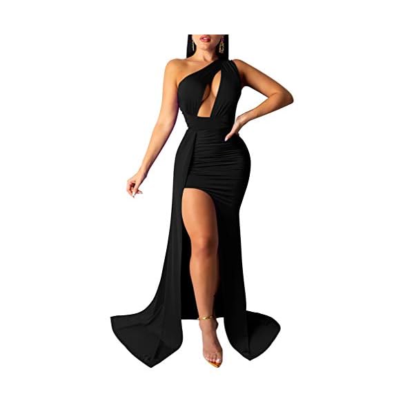 LAGSHIAN Women Sexy Elegant One Shoulder High Split Cutout Long Evening Dress Black