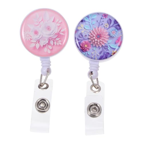 NUOBESTY 2個 R彩花?伸縮バッジクリップ 軽量耐久カードホルダー おしゃれな装飾付き 名札や鍵の収納に